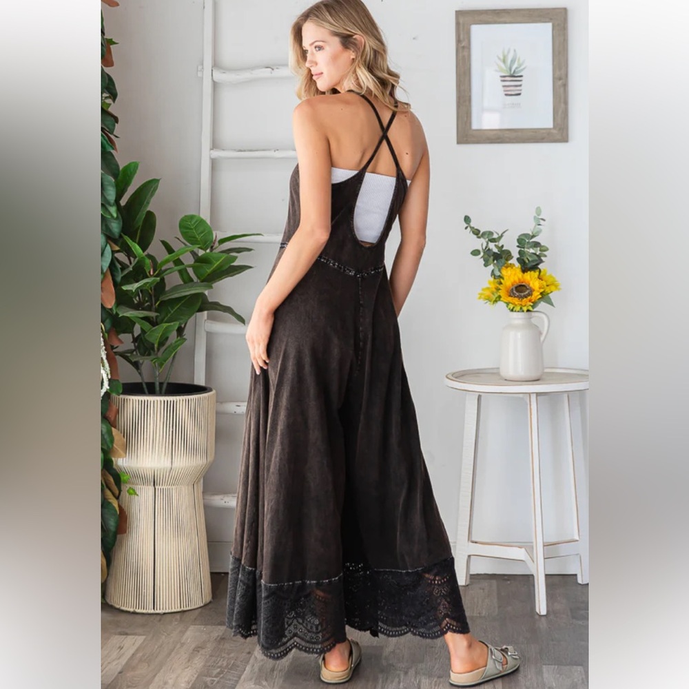 Oli & Hali Dark Brown Lace-Trim Wide-Leg Jumpsuit - Picture 2 of 5
